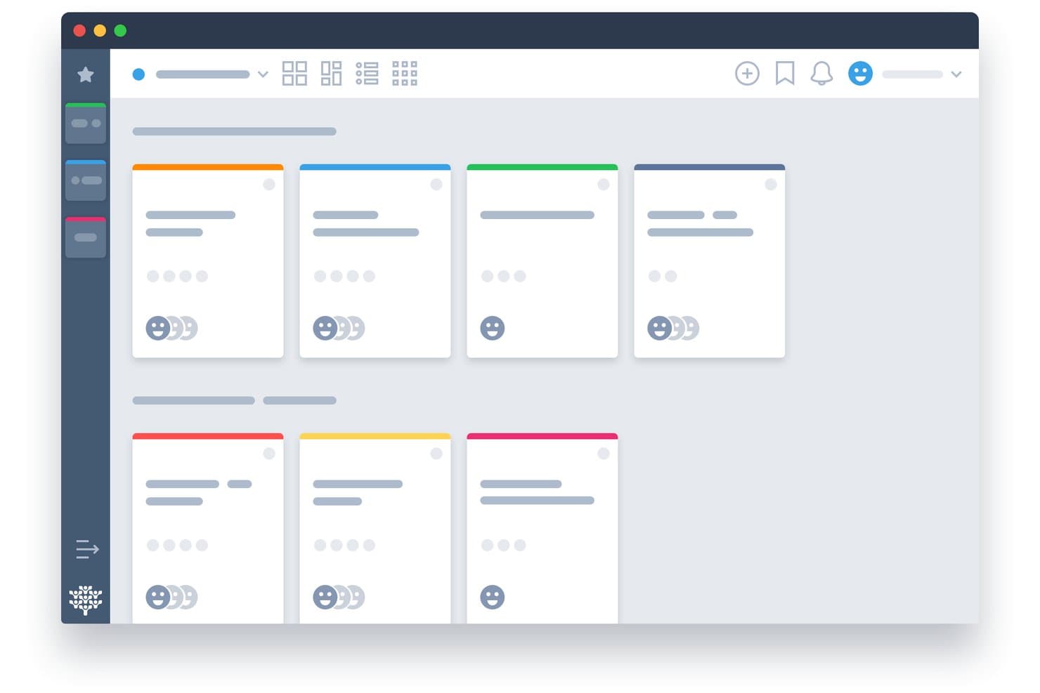 Freedcamp-Dashboard mit farbcodierten Projektkarten in einem Rasterlayout sowie Avataren und einer Navigationsseitenleiste.