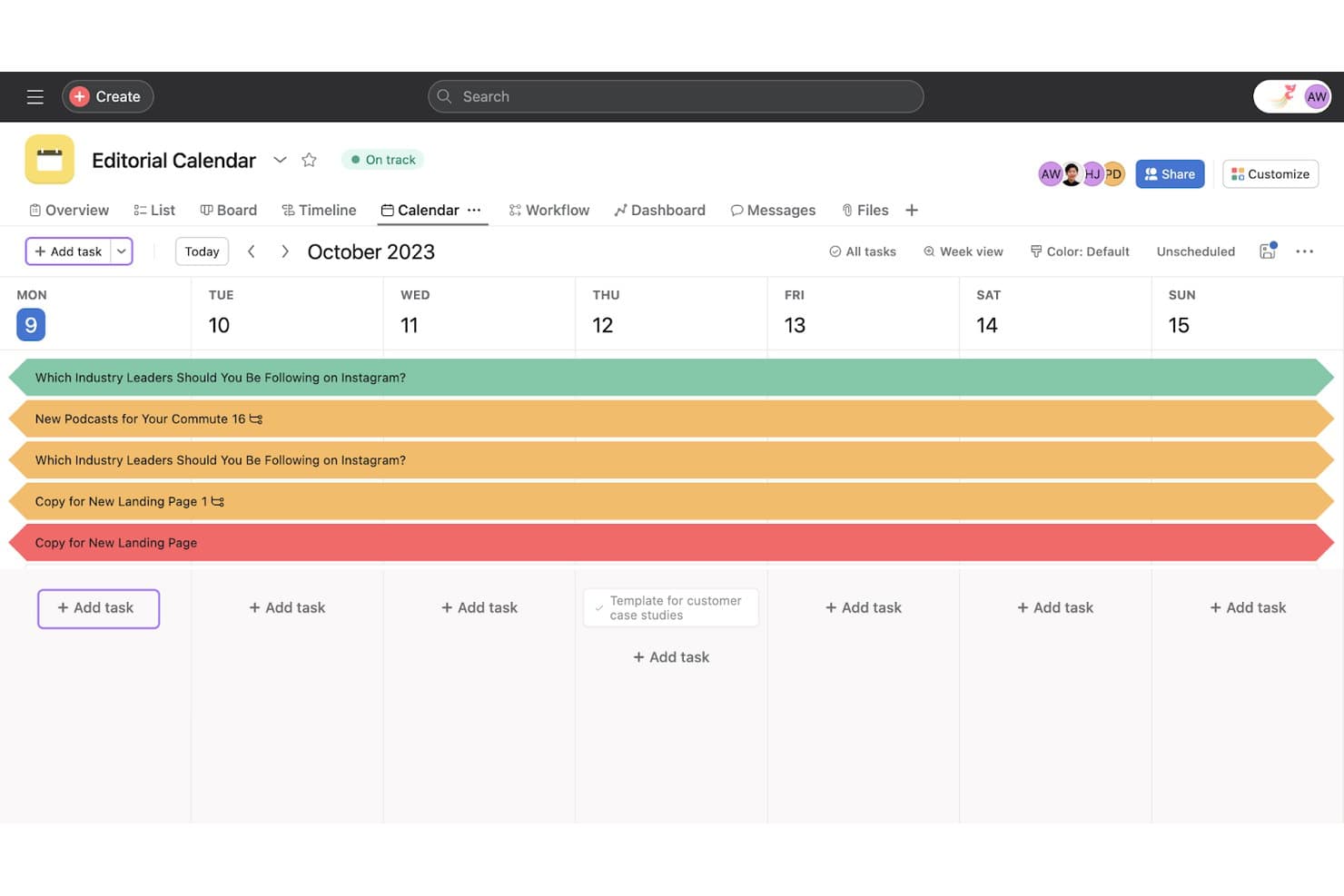 Asanas redaktionelle kalender i ugevisning, der viser indholdsopgaver for oktober 2023 farvekodet efter status.