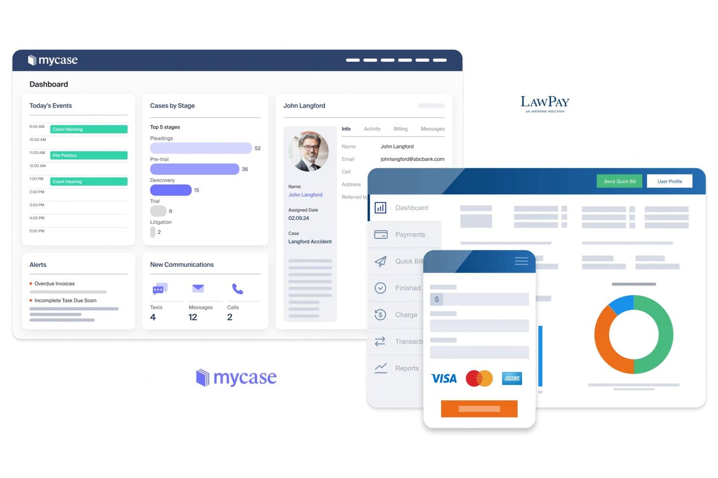 MyCase dashboard showing case stages, client profile, events, and LawPay payment integration.