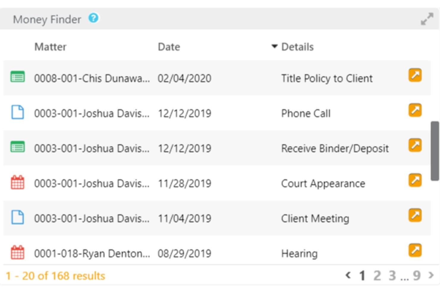 CosmoLex Money Finder panel listing client matters, dates, and billing details across 168 results.