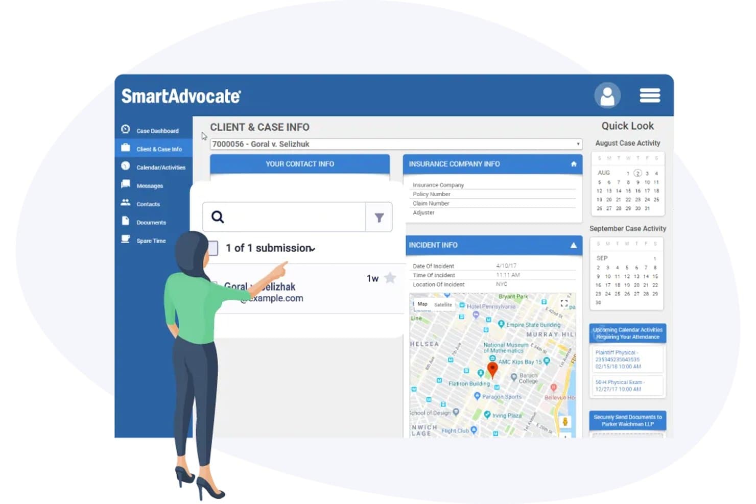 SmartAdvocate legal case management dashboard showing client info, incident details, and map view.