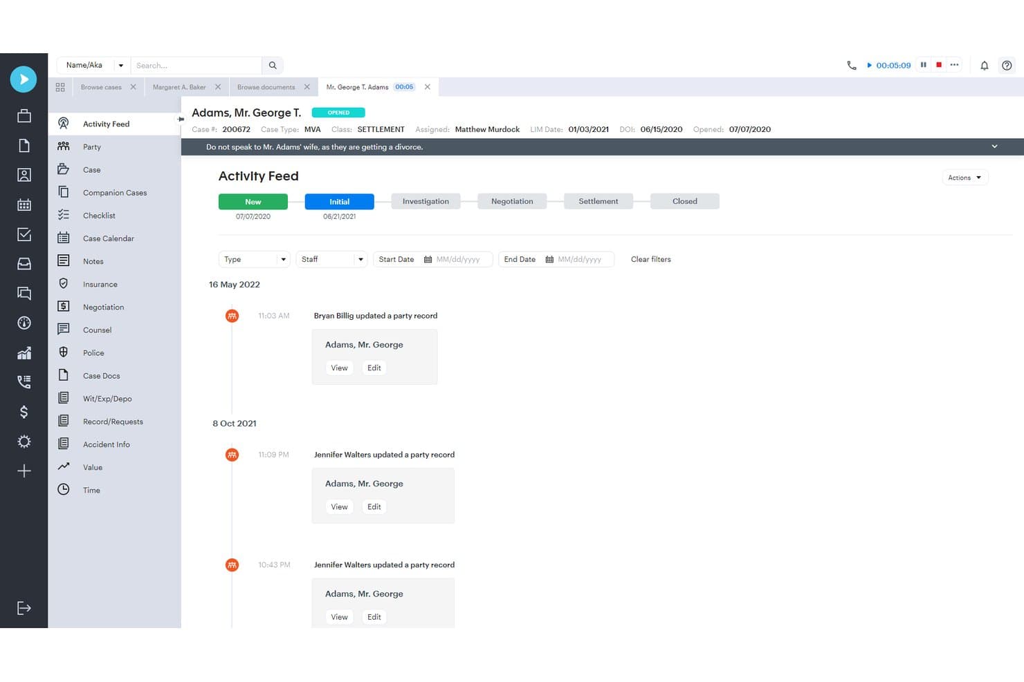 Neos legal case management activity feed showing case timeline, staff updates, and filters