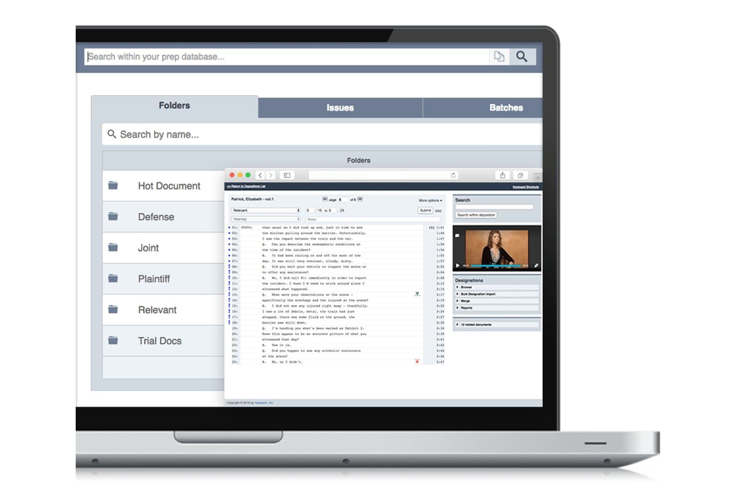 Nextpoint laptop screenshot showing folder navigation, deposition transcript, and video review panel.