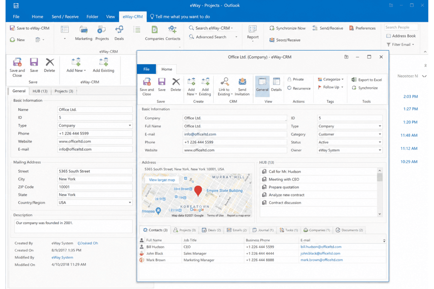 eWay-CRM ansluter till Microsoft Outlook för att hantera kontakter, e-post, uppgifter och CRM-poster i den välbekanta Outlook-arbetsytan.