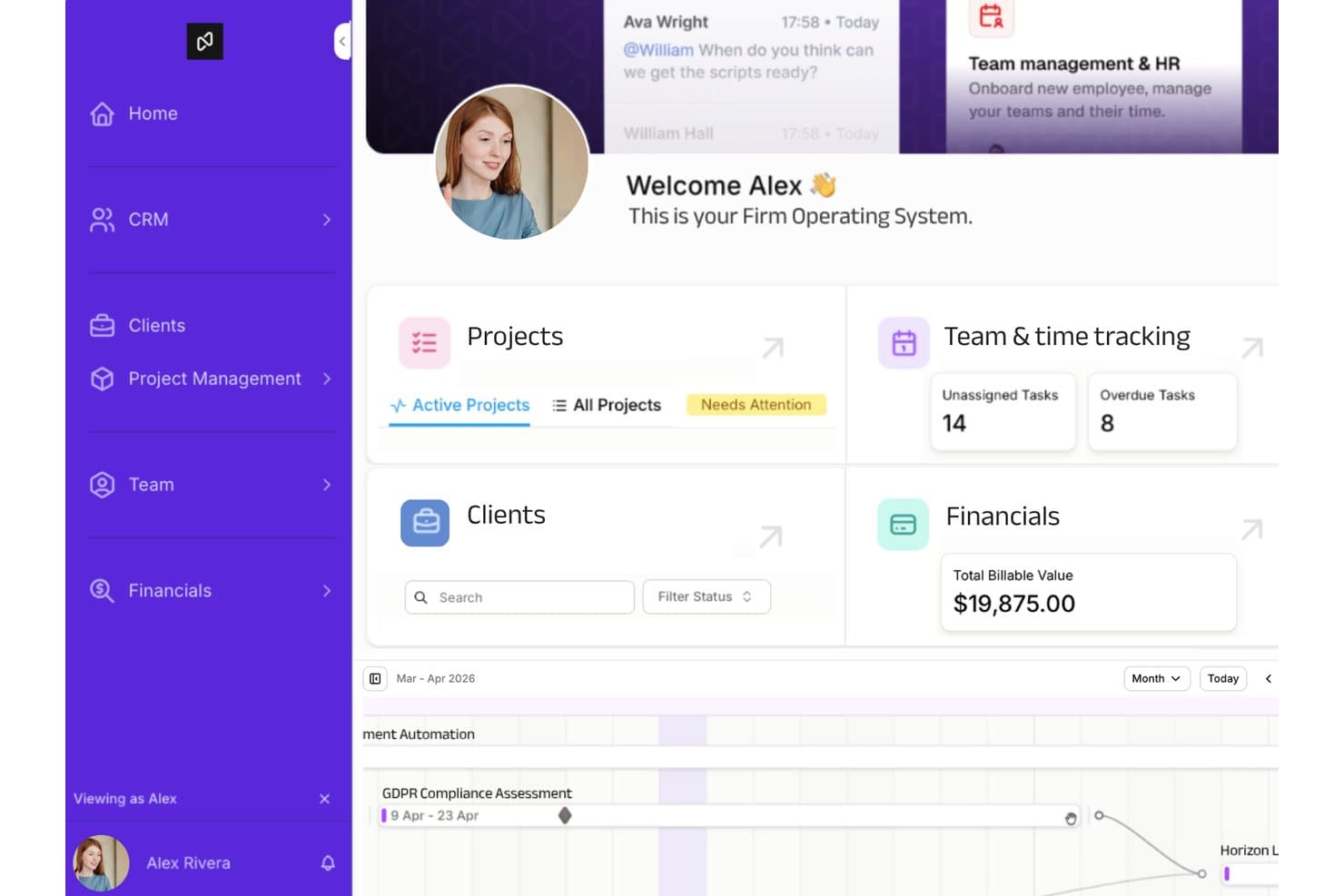 Noloco-instrumentpanel som visar widgetar för projekt, klienter, ekonomi och teamets tidsregistrering.