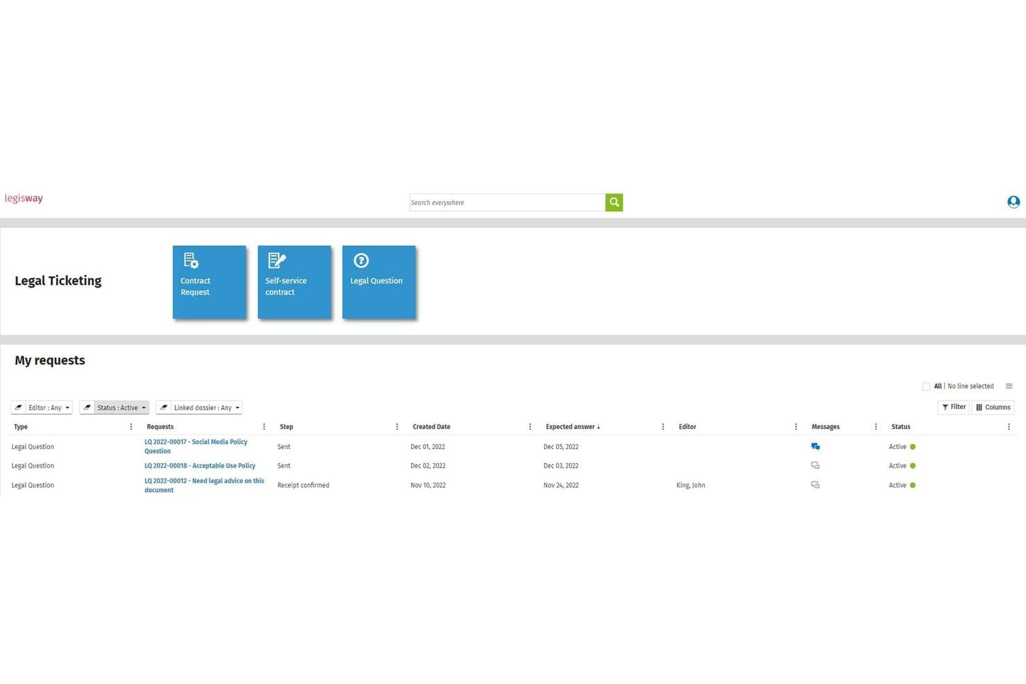Wolters Kluwer Legisway Legal Ticketing dashboard showing three active legal question requests with status and dates.