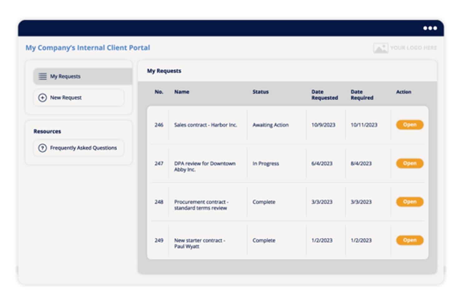 Xakia internal client portal showing a table of four legal requests with status and dates.