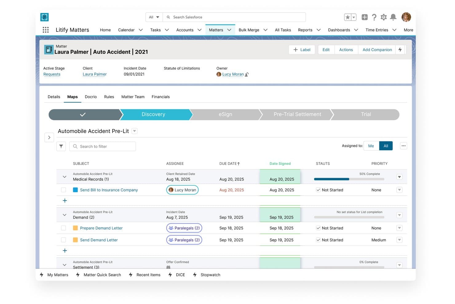 Litify matter dashboard showing task lists with assignees, due dates, and status for an auto accident case.
