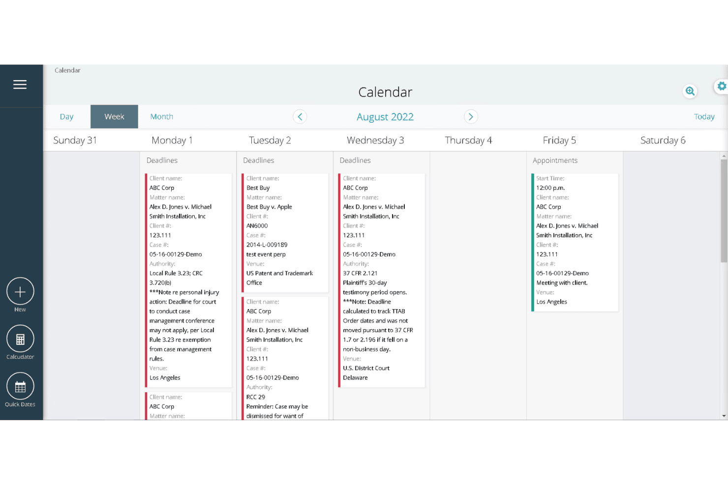 Legal calendar weekly view showing deadlines and appointments for multiple clients in August 2022.