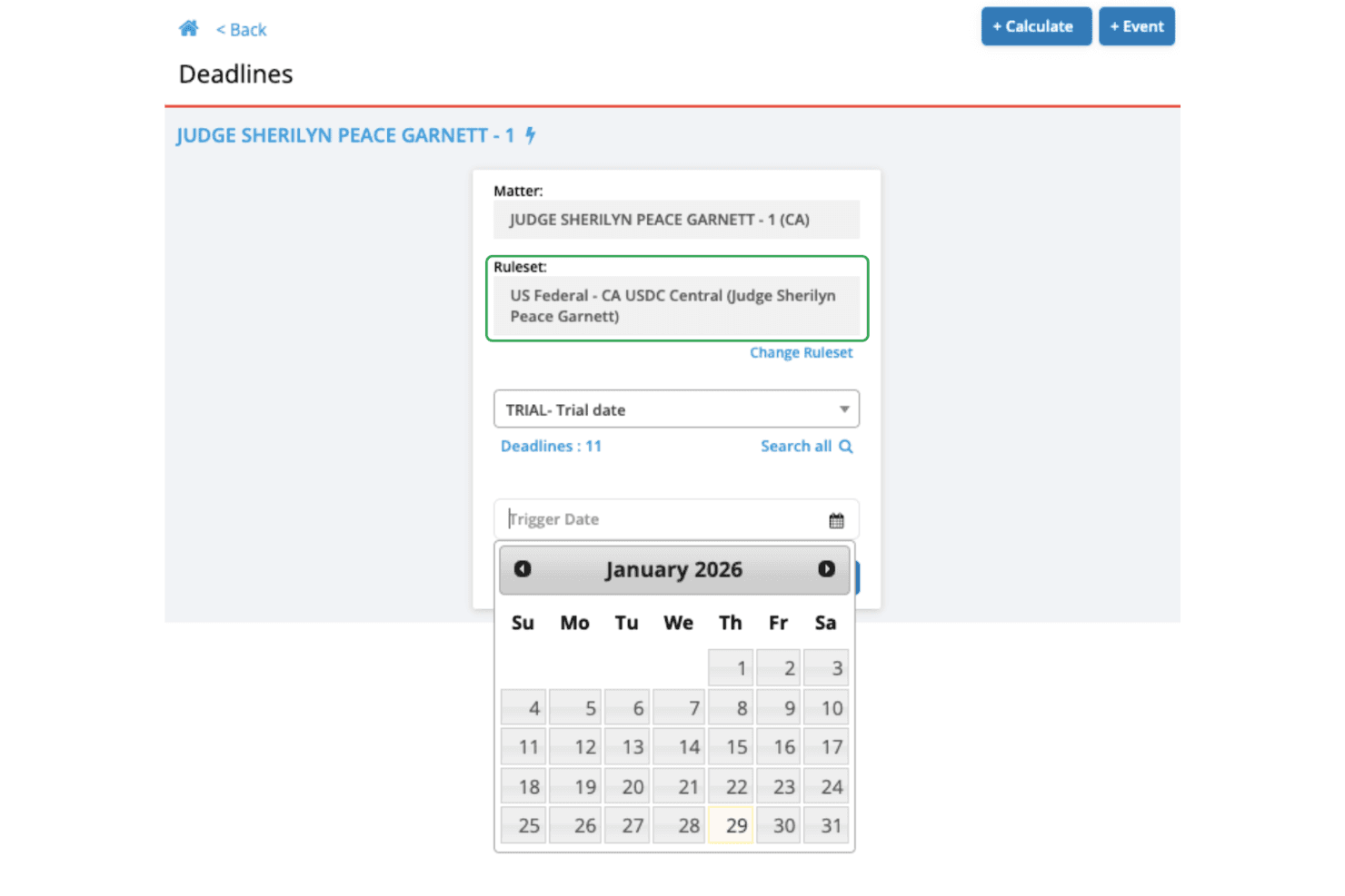 LawToolBox deadlines calculator showing Judge Garnett ruleset and January 2026 calendar picker.
