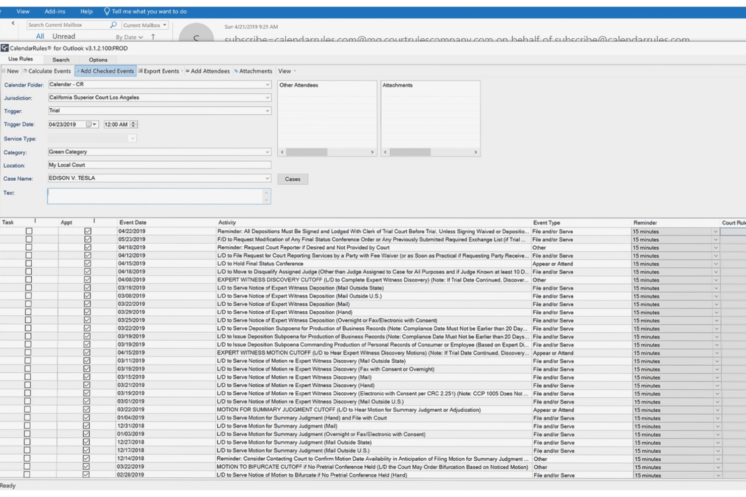 CalendarRules for Outlook plugin showing calculated court deadlines for a California Superior Court trial.