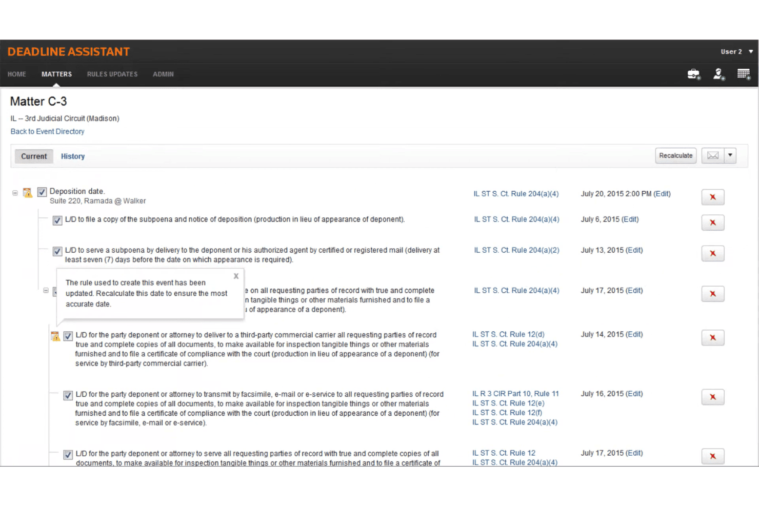 Deadline Assistant interface showing deposition deadlines, court rules, and calculated dates for Matter C-3.