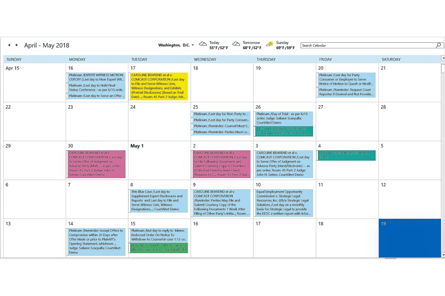 Calendar view for April–May 2018 showing color-coded court case deadlines and reminders.
