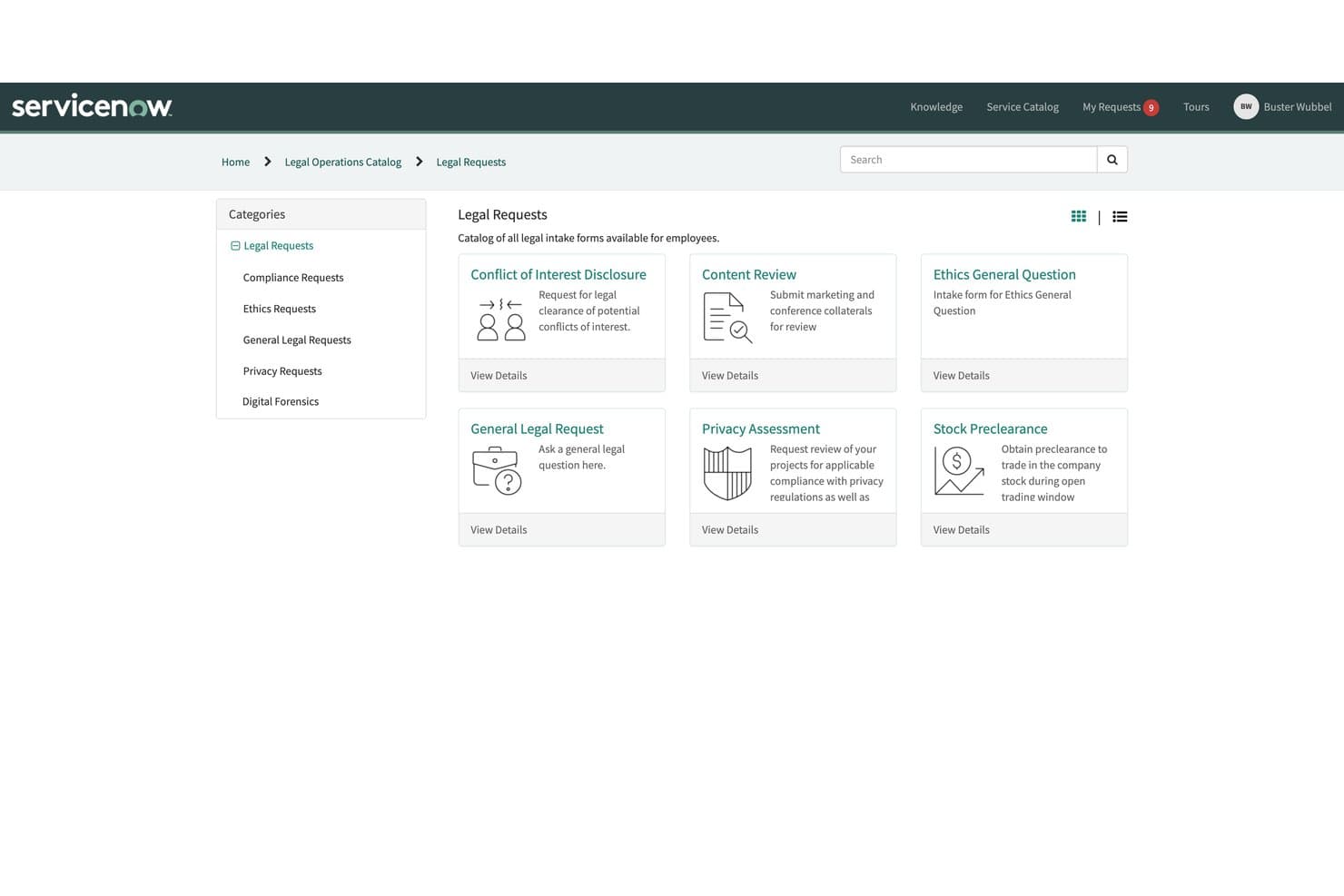 ServiceNow sporer juridiske anmodninger, videresendelse, sager, kontrakter og rapportering.