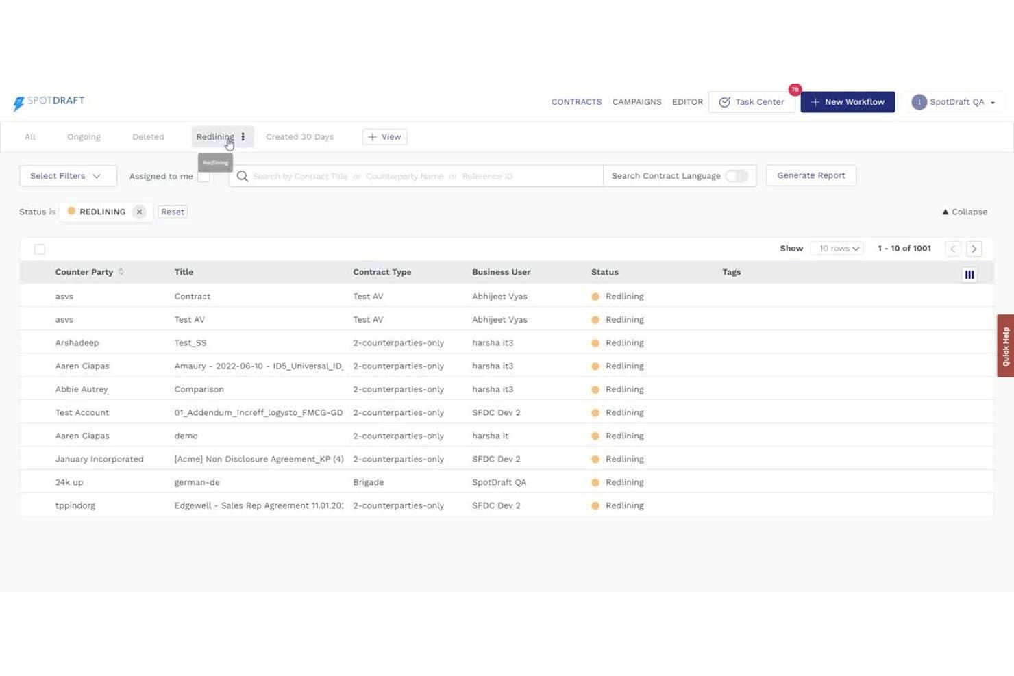 SpotDrafts kontraktdashboard filtreret efter status for ændringssporing, der viser 1001 kontrakter i en listevisning.