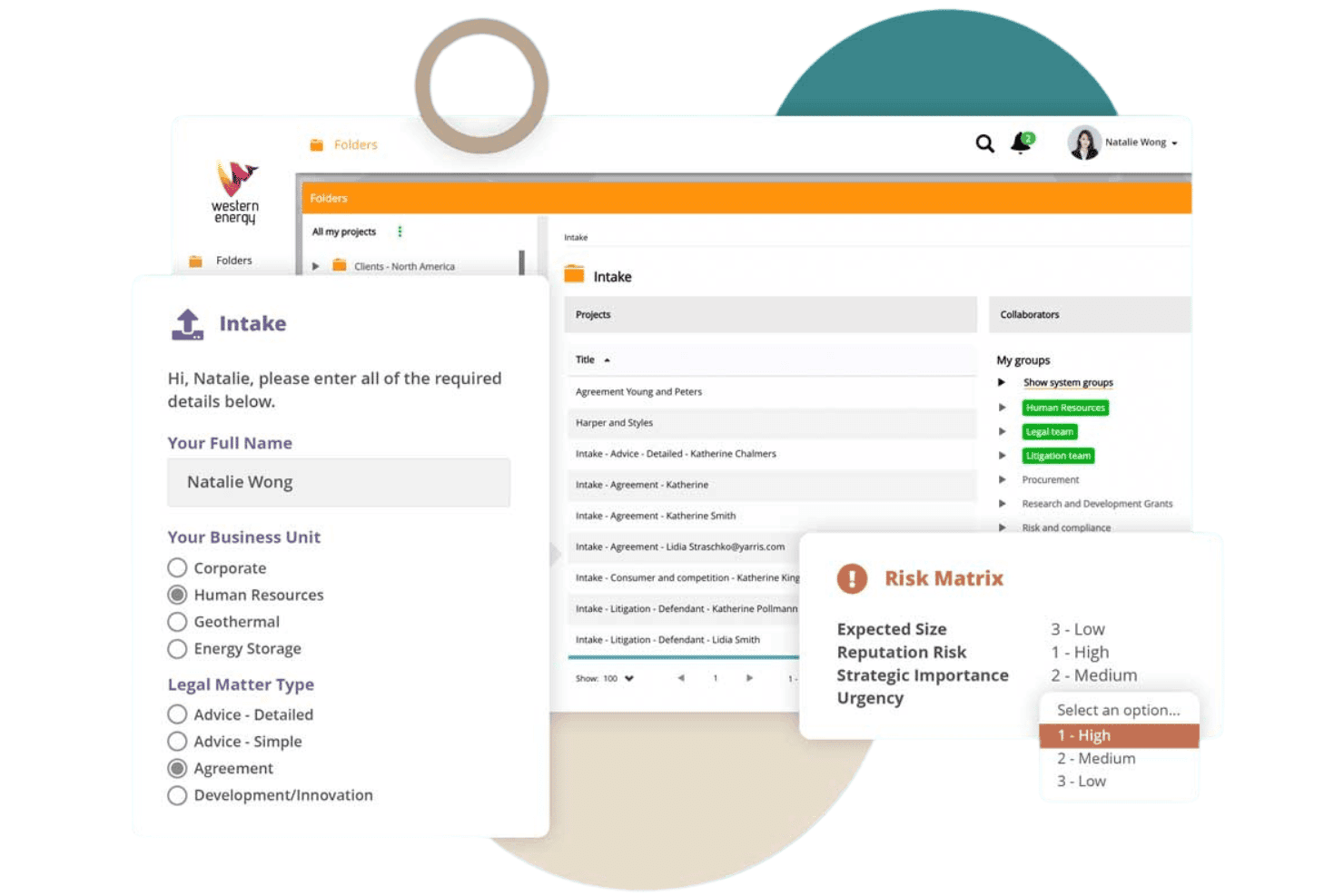 Dazychain tilbyder en arbejdsgang til modtagelse og sortering af juridiske forespørgsler med tilpasselige forespørgselsformularer, projektmapper, samarbejdsgrupper og en risikomatrix til prioritering af juridiske sager.