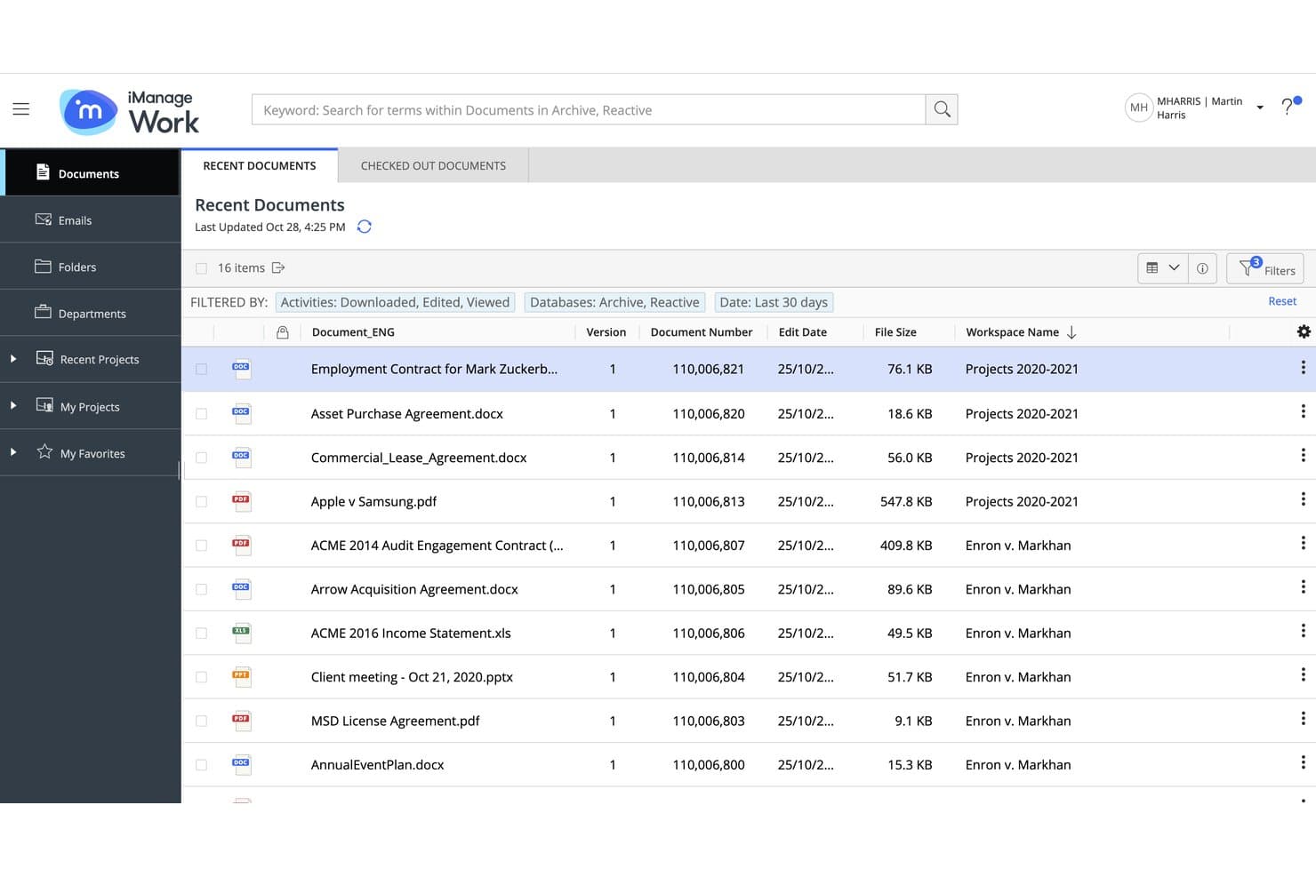 Lista de Documentos recientes de iManage Work que muestra 16 archivos con columnas de metadatos y filtros aplicados.