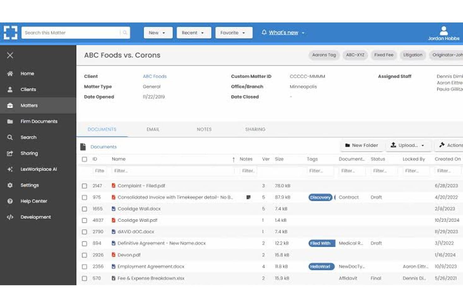 LexWorkplace dashboard showing matter details, legal documents, tags, notes, and file management tools