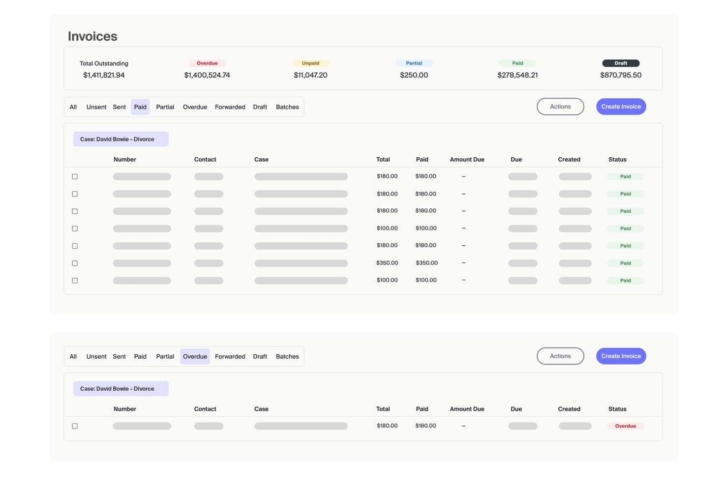 MyCase-faktureringsdashboard, der viser lister over betalte og forfaldne fakturaer med statusfiltre
