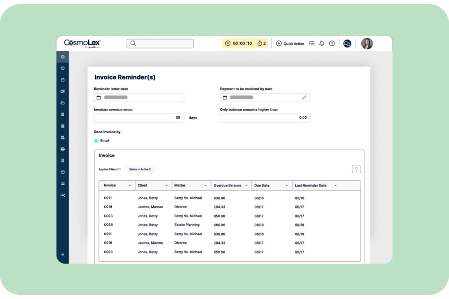 CosmoLex invoice reminders screen showing overdue invoices list with due dates and balances