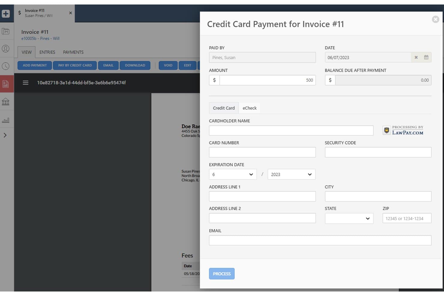 Smokeball credit card payment modal for Invoice #11 showing LawPay processing form fields