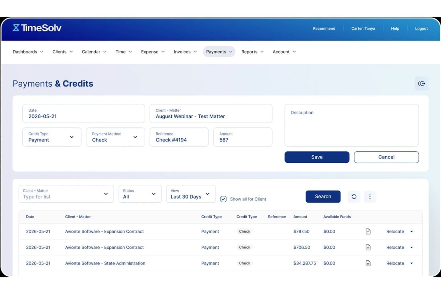 TimeSolv Payments & Credits form showing check payment entry and recent payment list