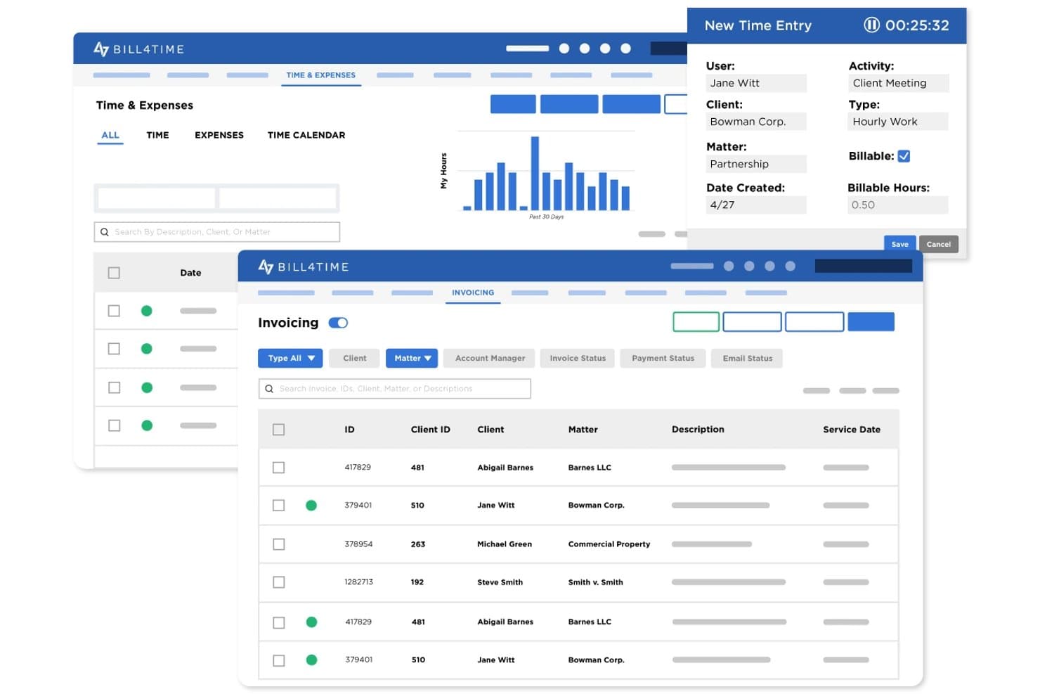 Bill4time dashboard showing time entry, invoicing list, and billing activity chart.