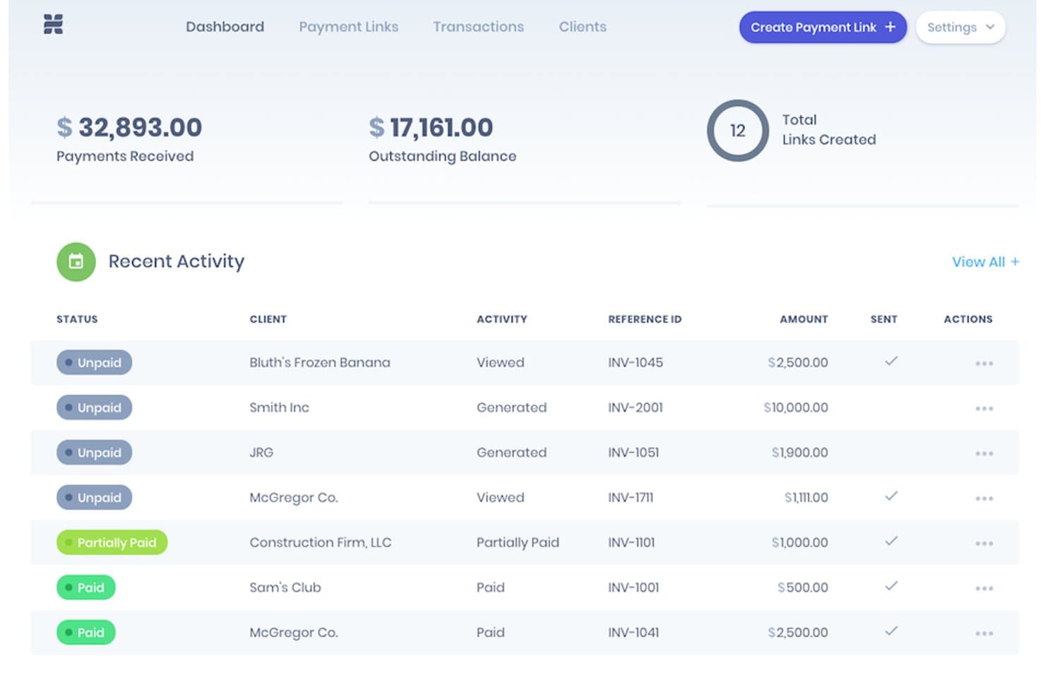 Headnote dashboard showing payments received, outstanding balance, and recent client transaction activity.