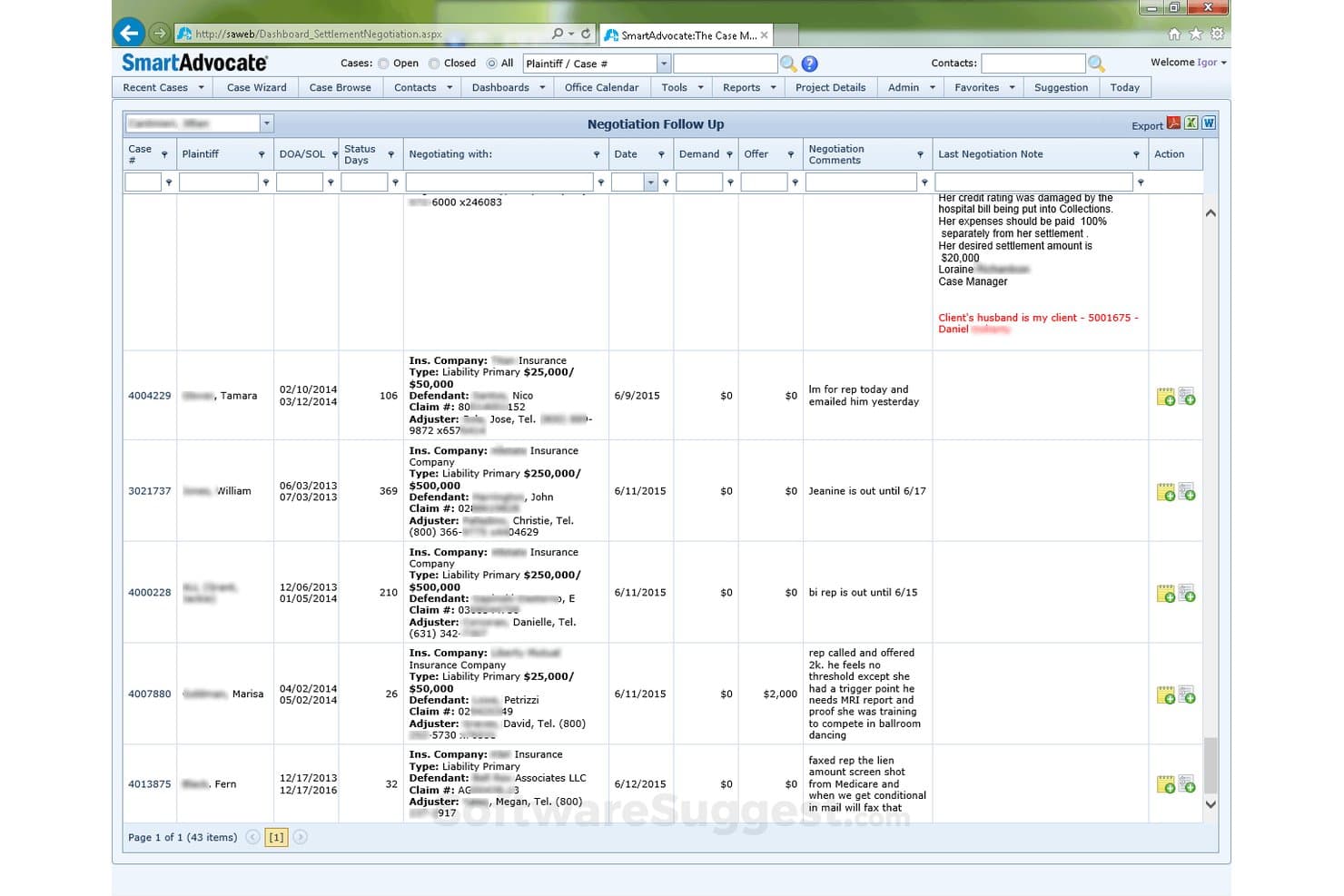 SmartAdvocates dashboard til opfølgning på forhandlinger, der viser en sagsliste med forligskrav og tilbud.