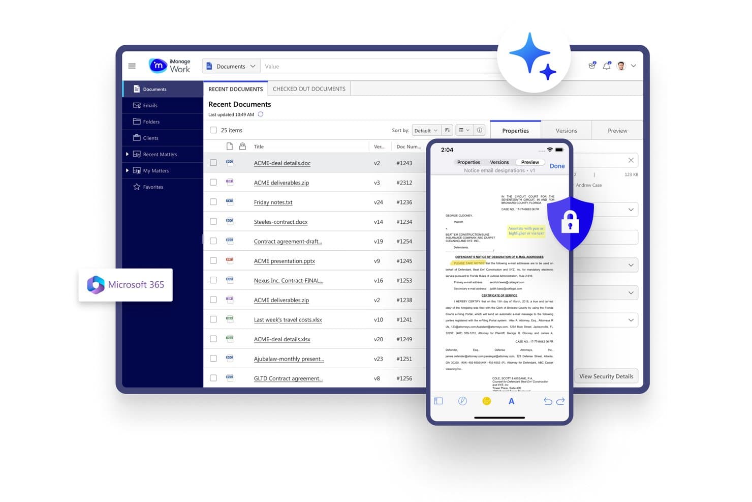 Dashboard di gestione documentale di iManage Work con l'elenco dei documenti legali recenti e l'anteprima mobile di un documento con scudo di sicurezza.