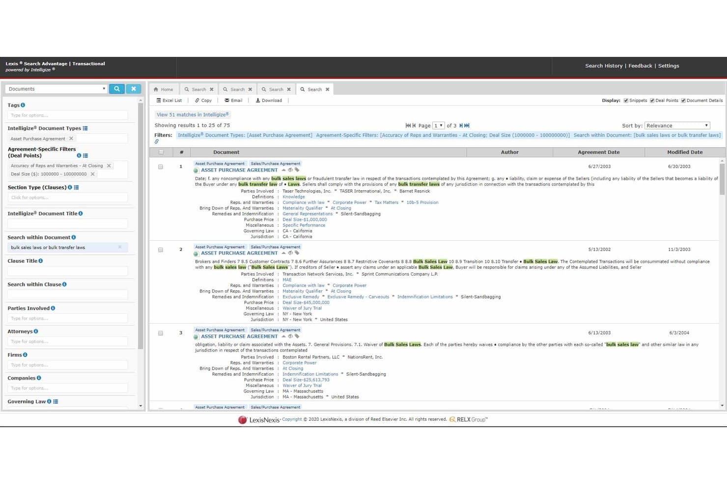 LexisNexis Search Advantage-transaktionsgrænseflade, der viser filtrerede søgeresultater for købsaftaler vedrørende aktiver med aftalepunkter.