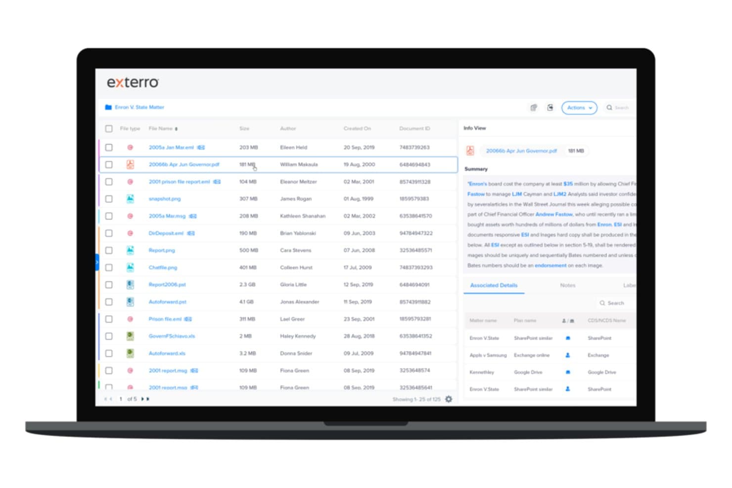 Exterros dashboard til dokumentgennemgang viser en filliste, et metadatapanel og detaljer om den tilknyttede sag.