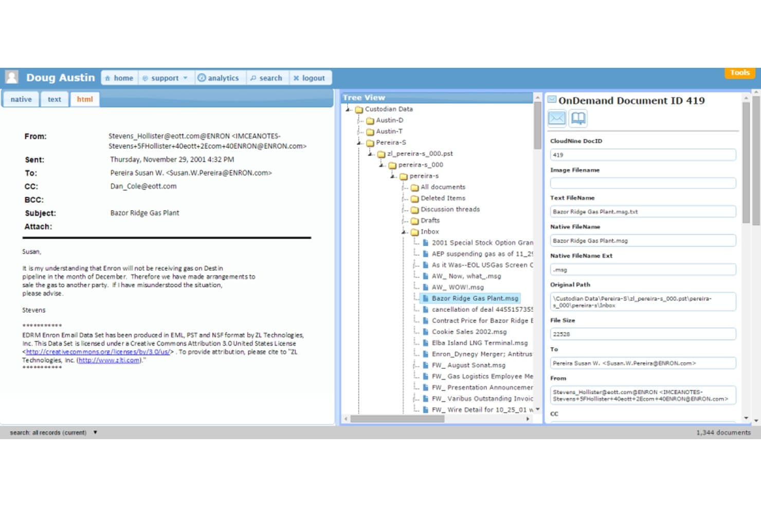 CloudNines grænseflade til e-mailgennemgang, der viser trævisning, dokumentmetadata og et eksempelpanel for e-mail.