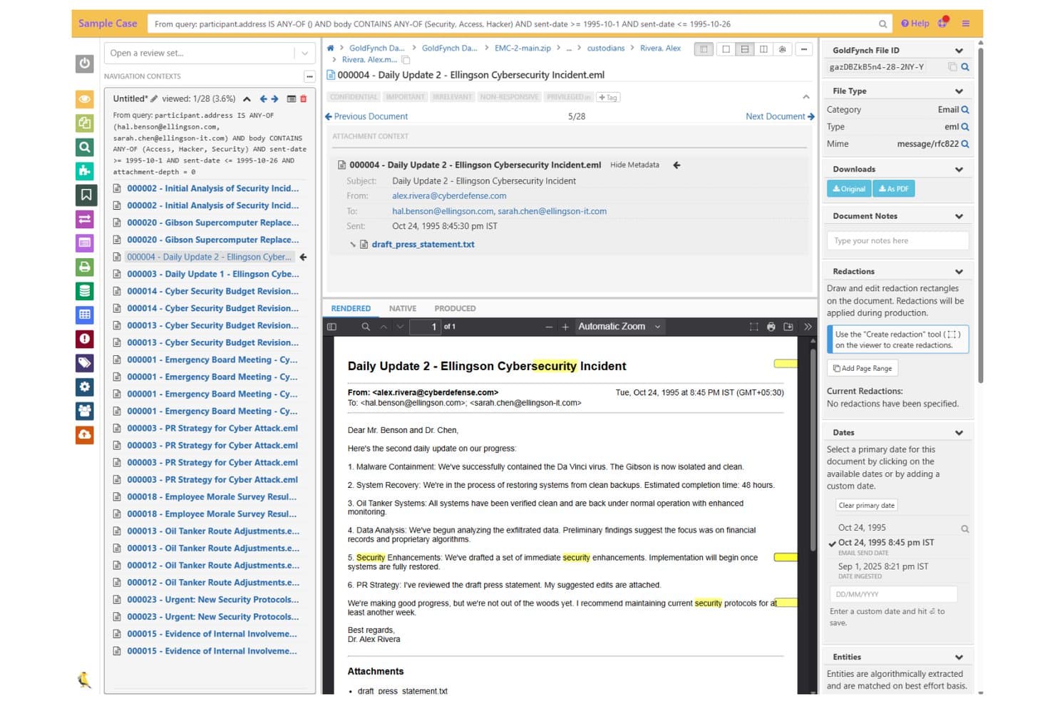 GoldFynch-panel til dokumentgennemgang, der viser en e-mail med fremhævede nøgleord og et sidemenu med metadata.