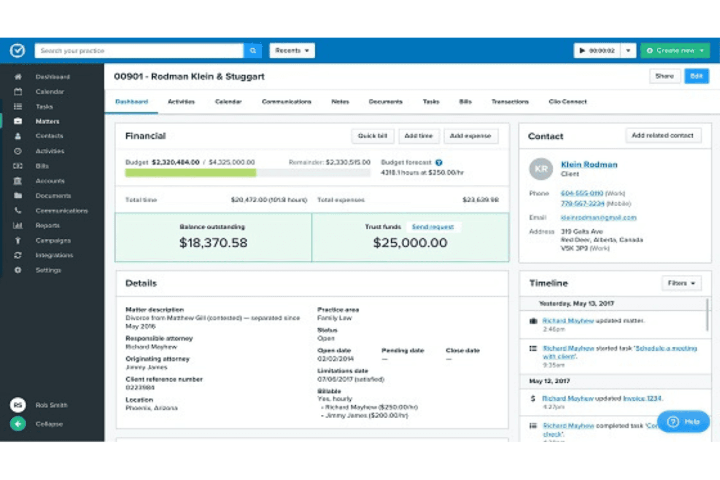 Clio combines time tracking, LEDES billing, trust accounting, and matter management.