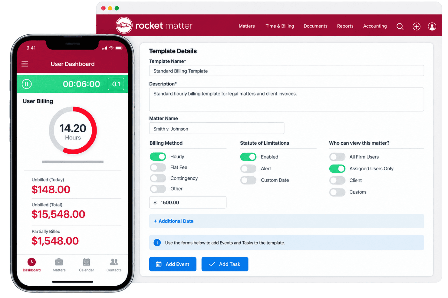 Rocket Matter captures and bills legal time on the go through its mobile app.