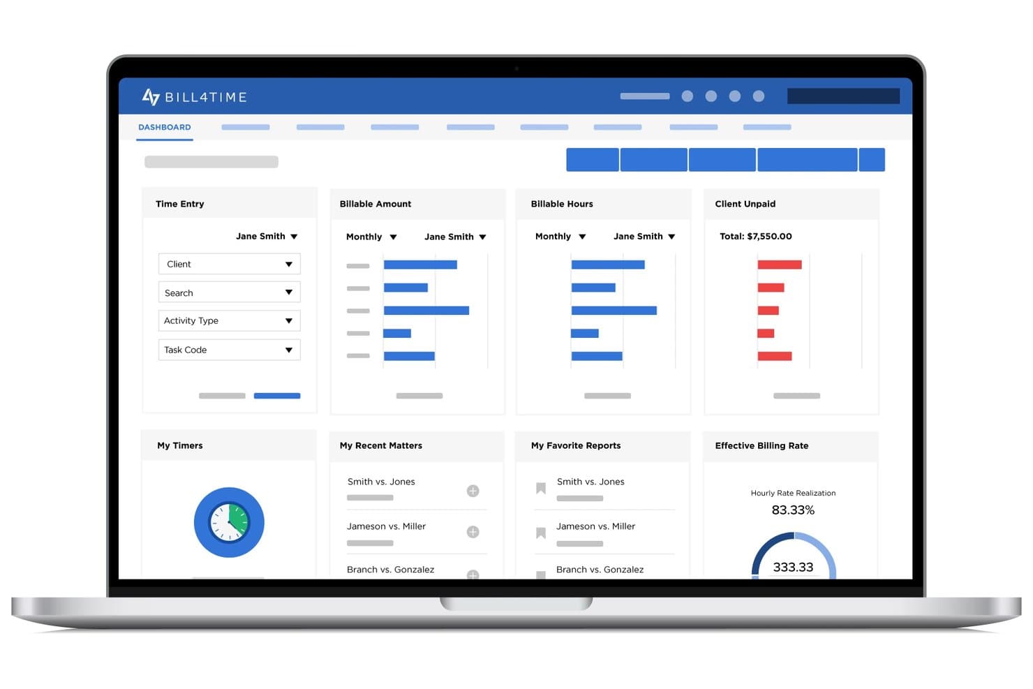 Bill4time-dashboard, der viser felter til tidsregistrering, diagrammer over fakturerbare timer, klienters ubetalte total og nylige sager.