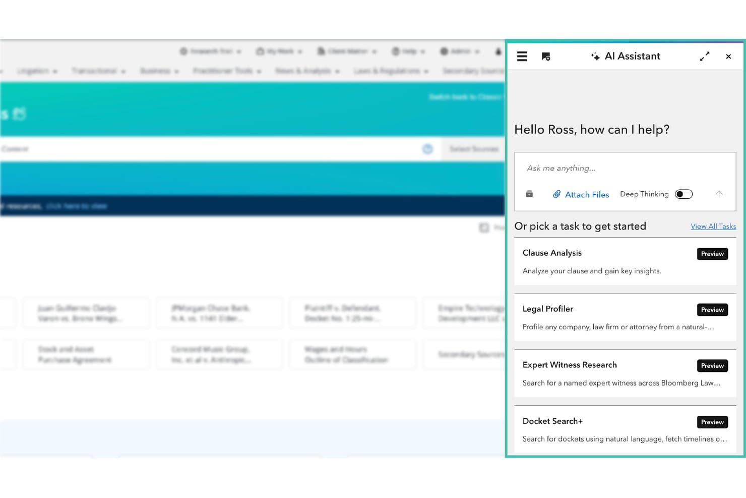 Bloomberg Law AI Assistant sidebar with task options and a text input field.