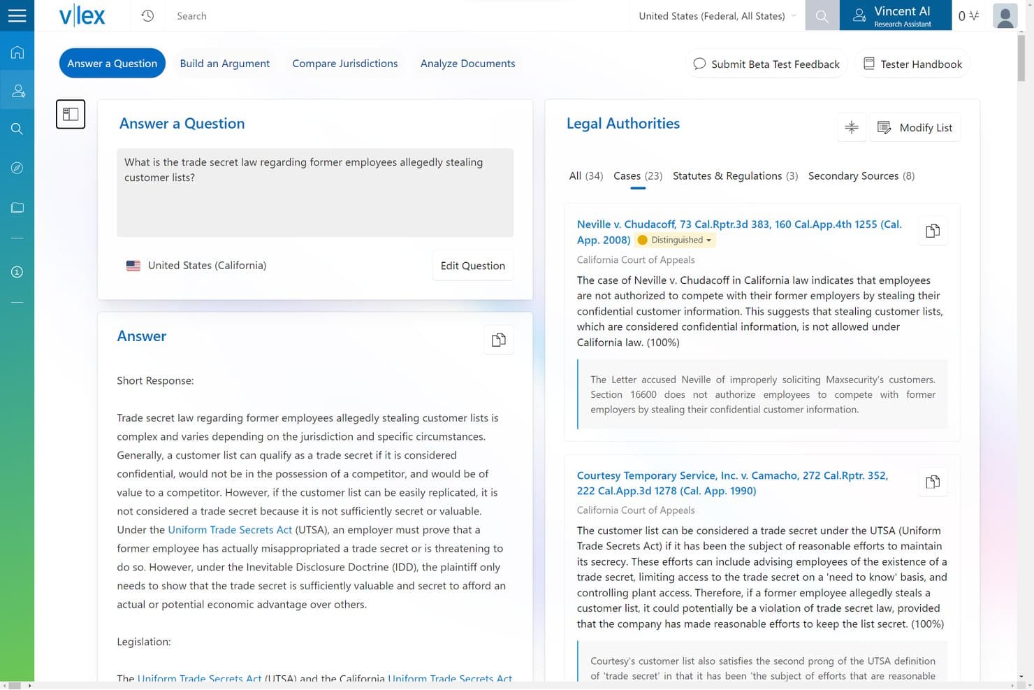 vLex Vincent AI answering a trade secret law question with cited California cases