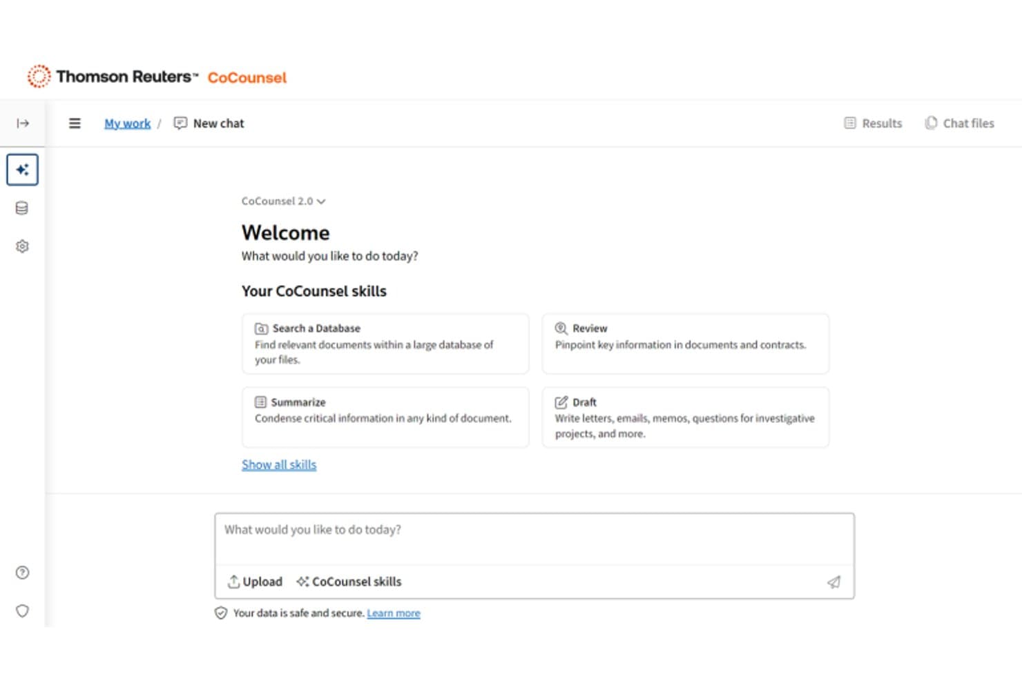 CoCounsel 2.0 welcome screen showing four AI legal skills and a chat input field.