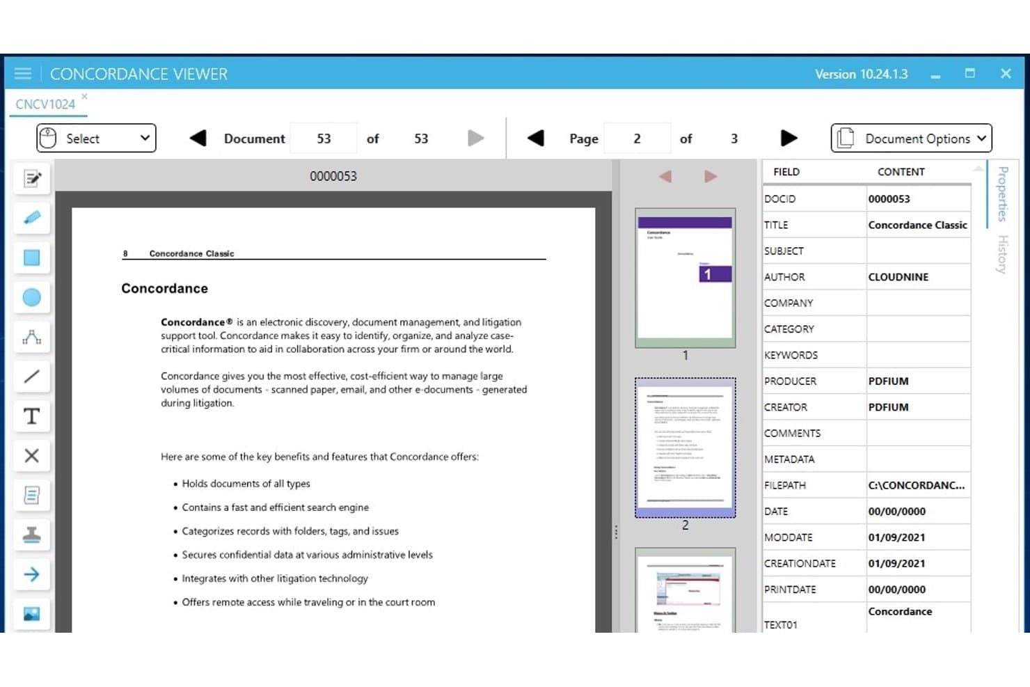 CloudNine Concordance Viewer, der viser en dokumentside, metadatafelter og et miniaturepanel.