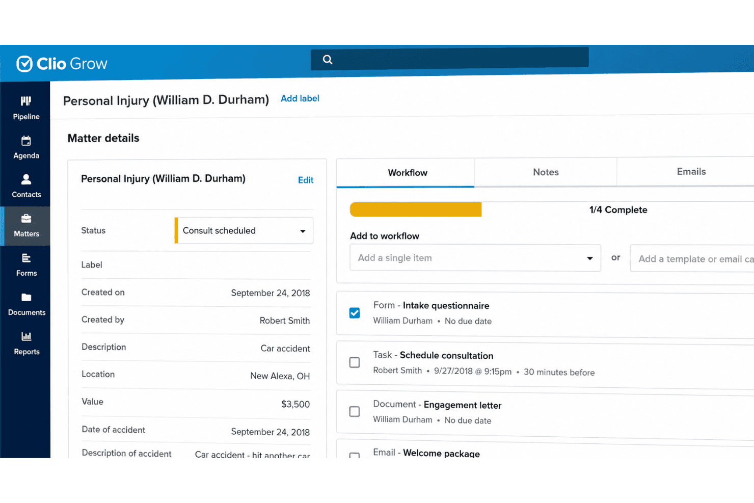 Clio Grow verbindet juristisches Marketing mit Mandantenaufnahme, CRM, Empfehlungen, E-Mail und Bewertungen.