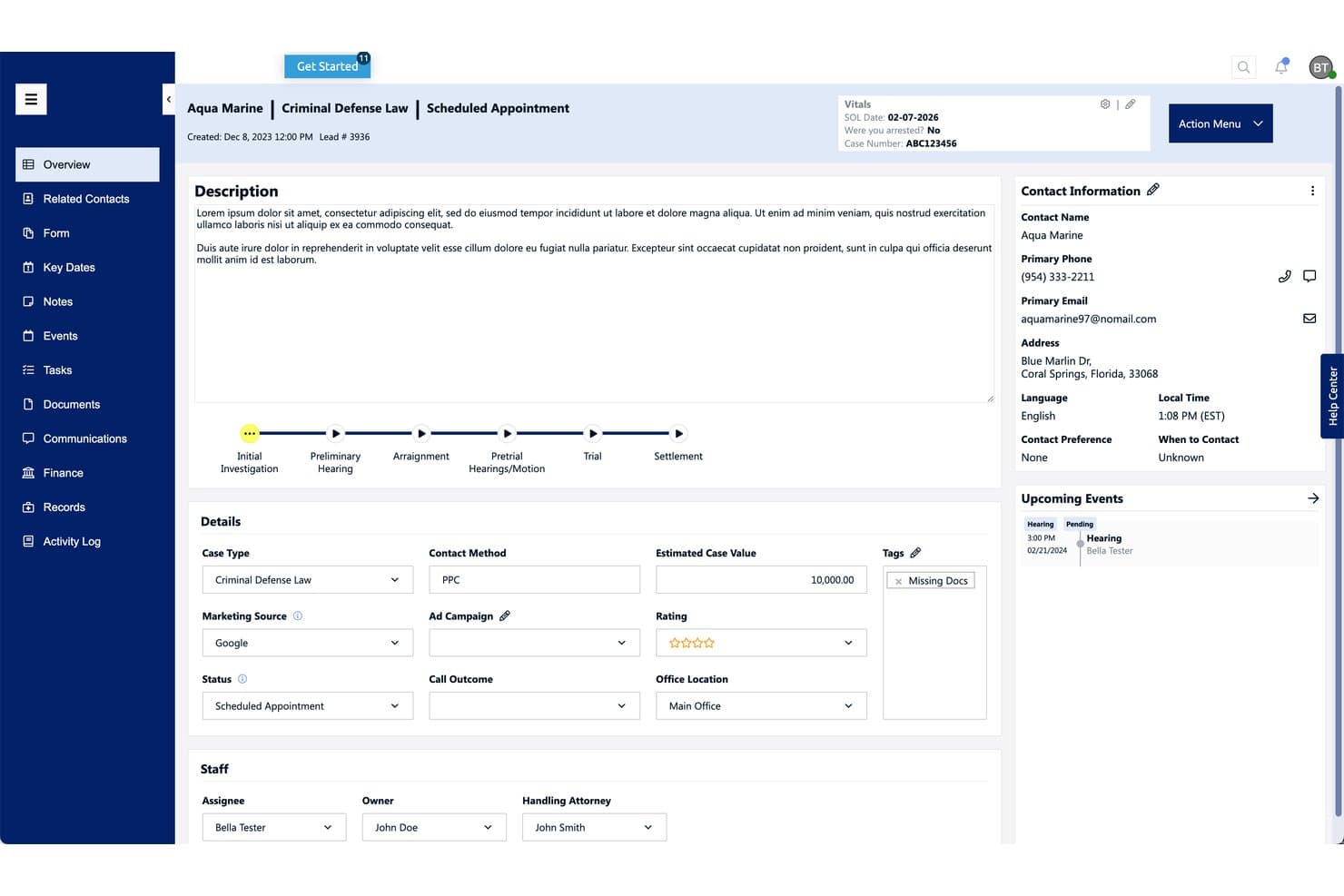 Oversigt over potentielle klienter i Law Ruler med sagsoplysninger, pipelinefaser og panel med kontaktoplysninger.