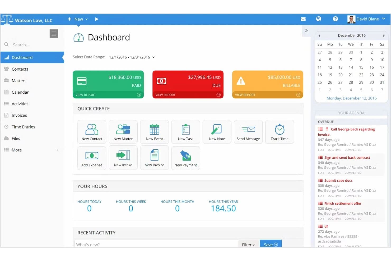 Dashboard di gestione di uno studio legale che mostra fatturazione, strumenti per la creazione rapida e agenda.