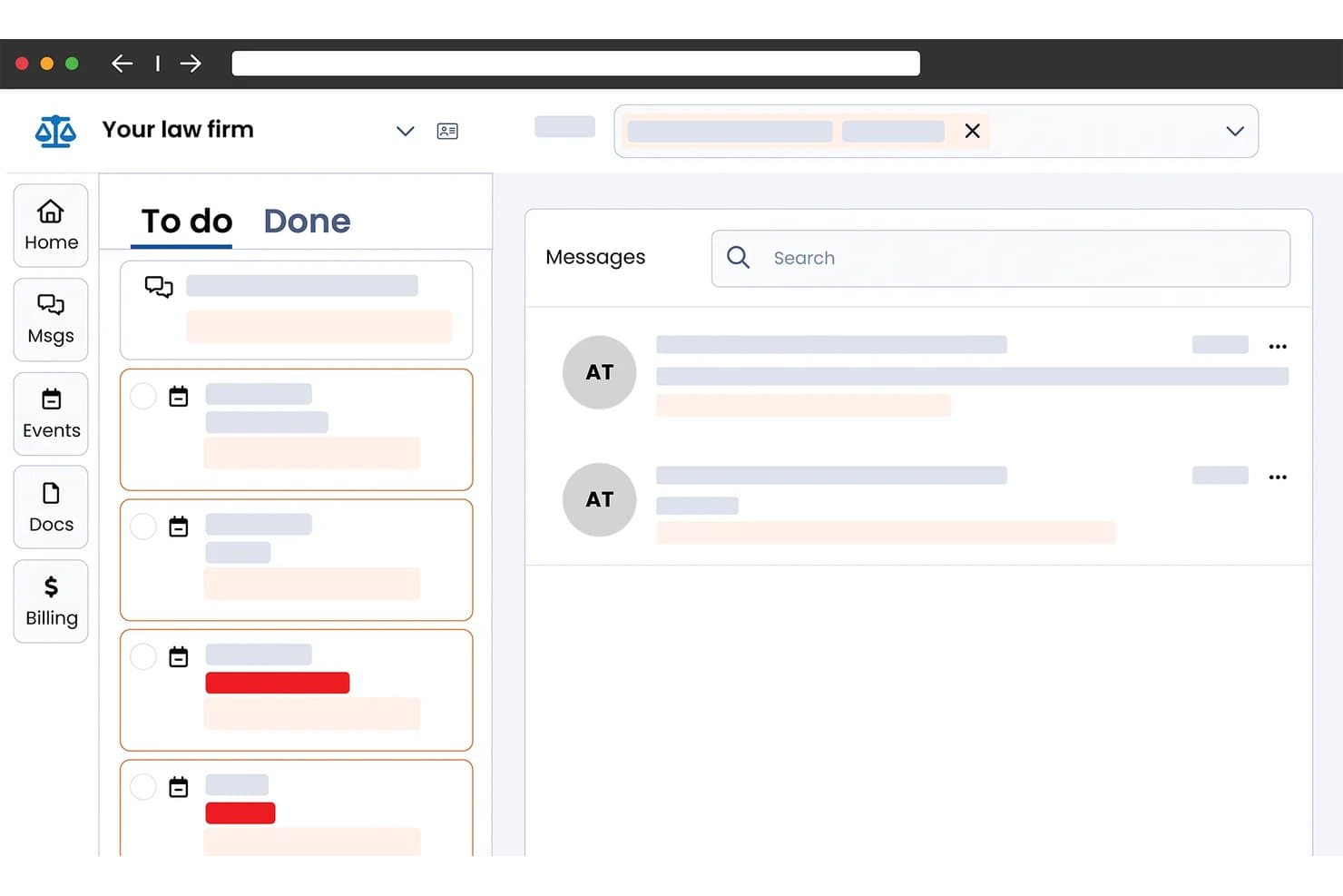 Dashboard dello studio legale Smokeball che mostra affiancati le attività Da fare e il pannello Messaggi.