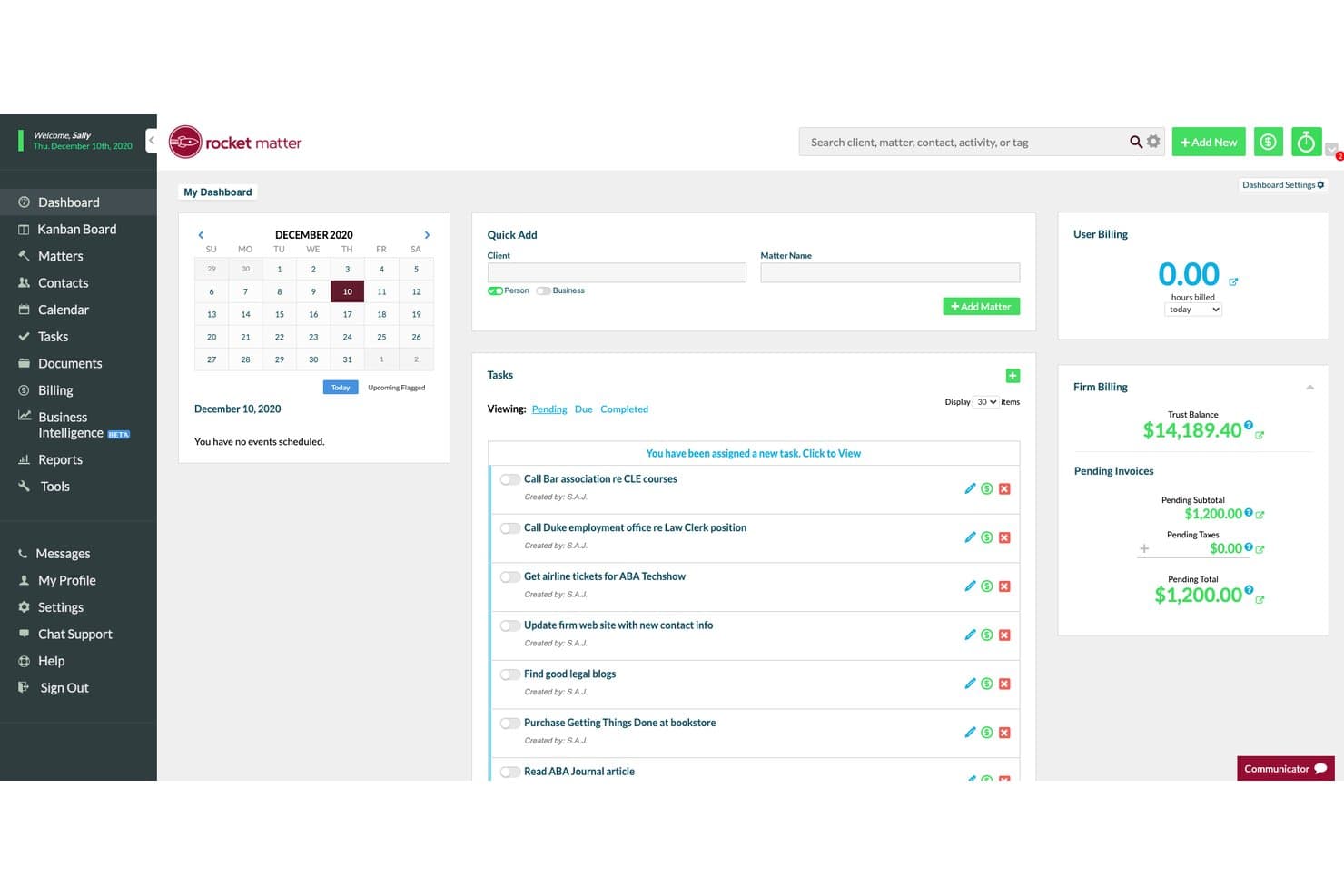 Rocket Matters kontrolpanel viser opgaver, kalender, faktureringsoversigt og formularen til hurtig oprettelse af en sag.