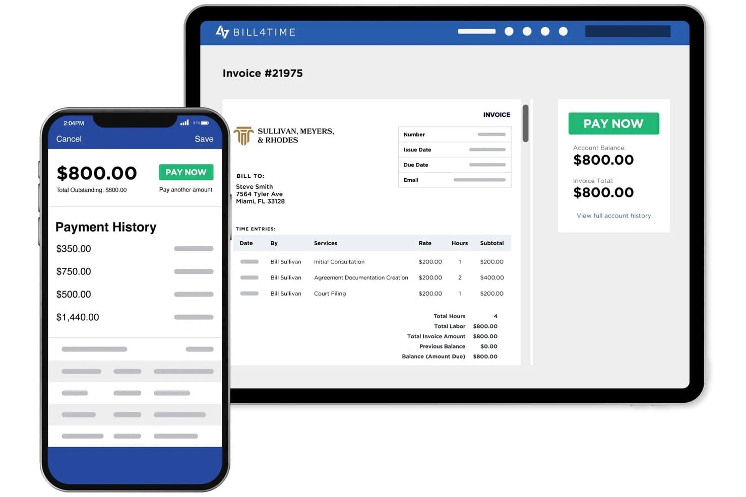 Bill4time-klientportal, der viser fakturadetaljer og knappen Betal nu på tablet og mobil.