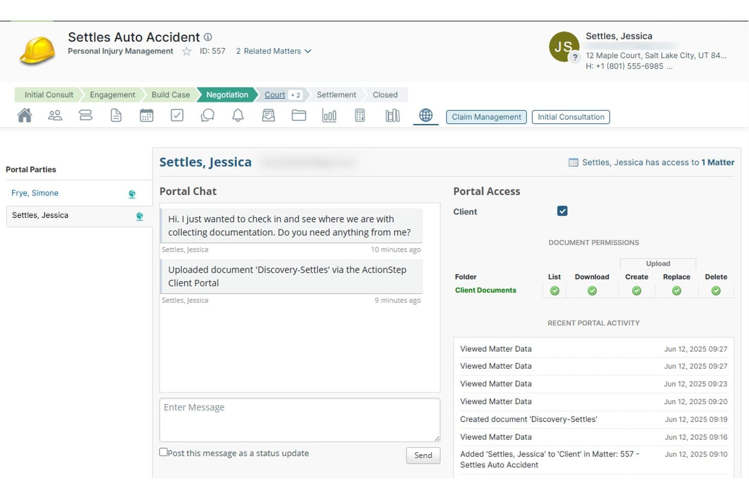 Actionstep client portal showing chat messages, document upload, and access permissions.