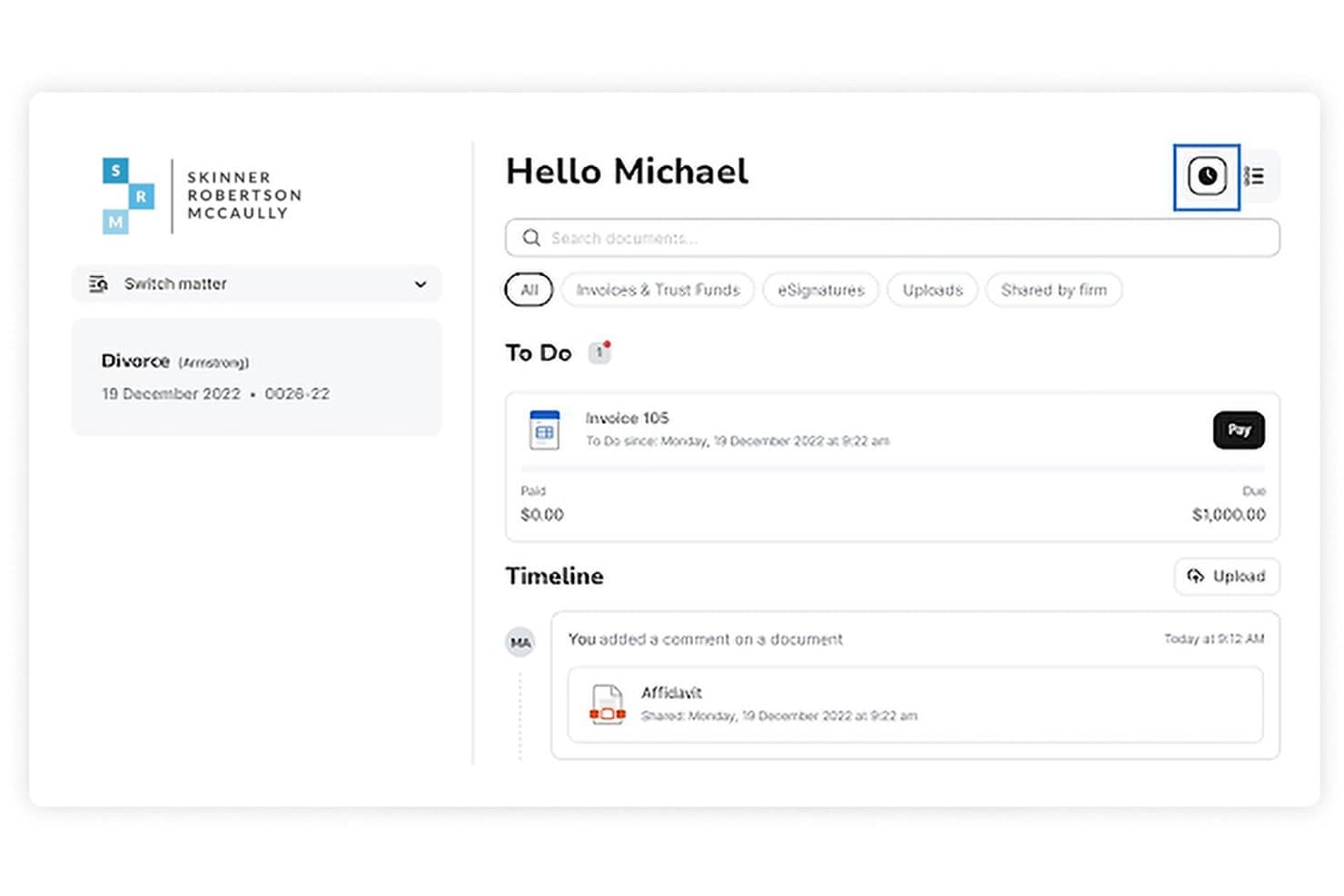LEAP-klientportalens kontrolpanel, der viser sektioner for fakturaer, tidslinje og dokumenter.