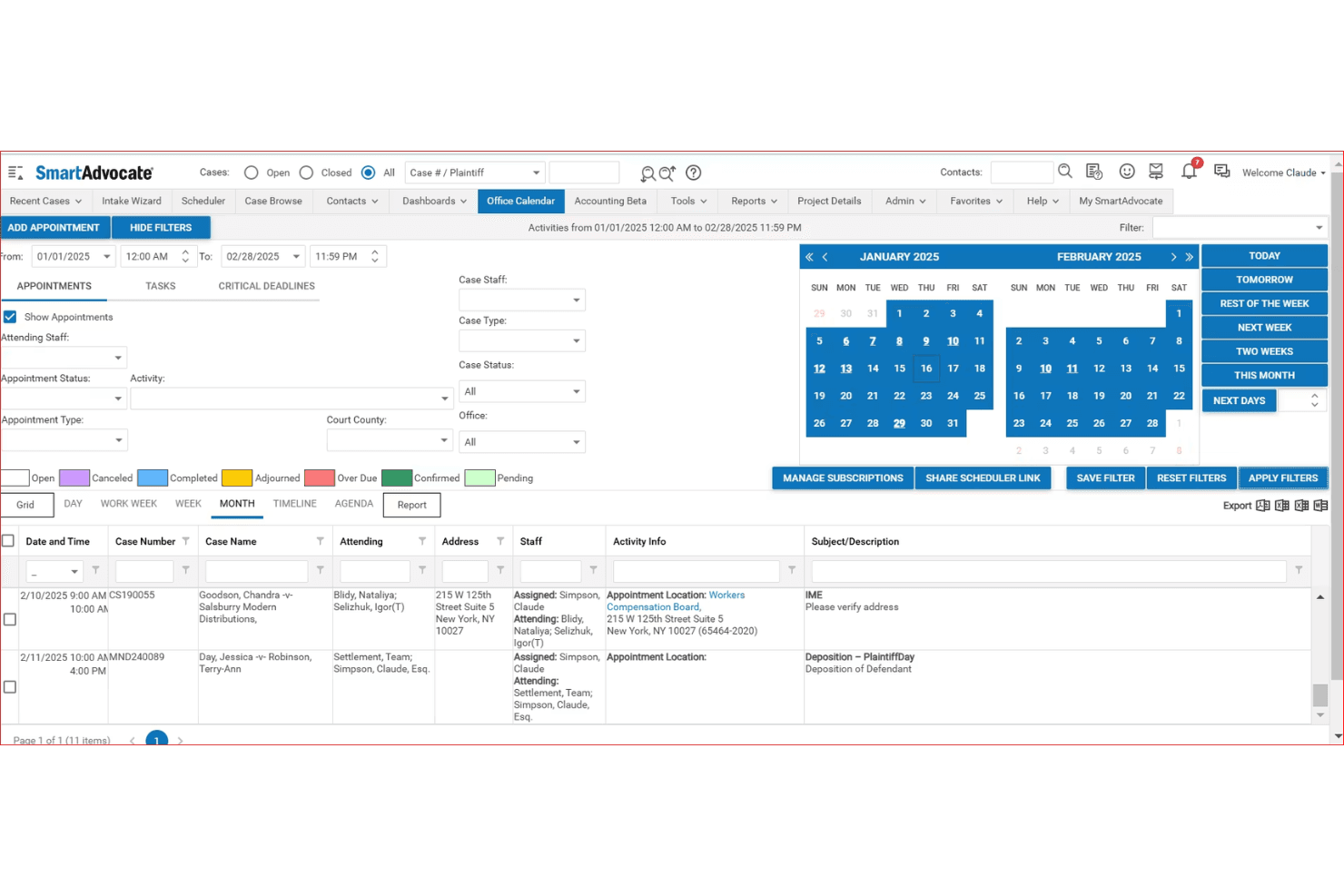 Griglia del calendario dell'ufficio SmartAdvocate con appuntamenti e dettagli dei casi per gennaio–febbraio 2025.